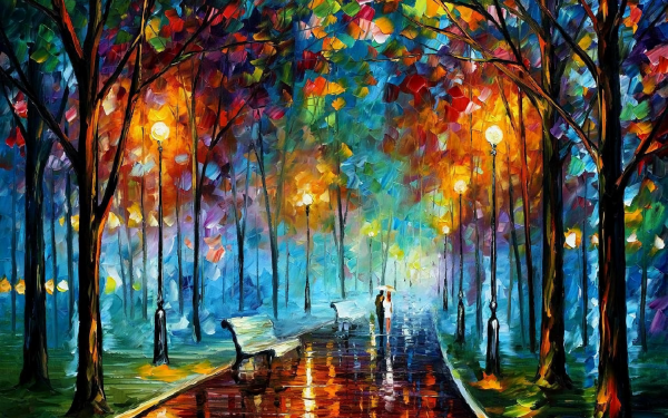 Artistic Painting Impressionist Park Tree Couple HD Wallpaper | Background Image