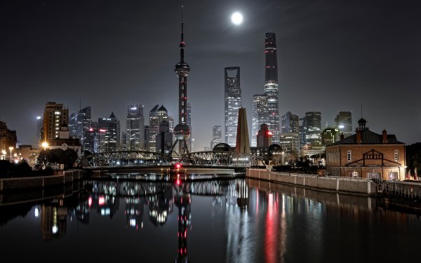 Man Made Shanghai Cities China City Bridge Night Light Building Skyscraper Reflection HD Wallpaper | Background Image