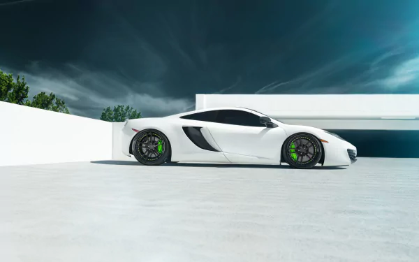 White McLaren MP4-12C supercar parked against a modern minimalist background, showcasing its sleek design in this HD desktop wallpaper image.