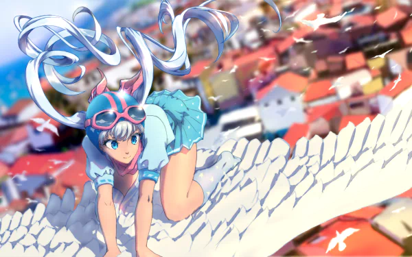 Anime-style original character with long blue hair, blue eyes, goggles, and a helmet crouches on white wings above a colorful town, rendered as an HD PC desktop wallpaper.