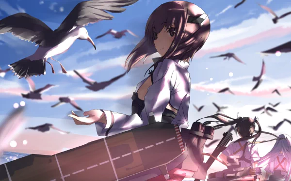 A vibrant HD desktop wallpaper featuring characters Taihou, Shoukaku, and Zuikaku from Kantai Collection, set against a picturesque sky filled with seagulls.