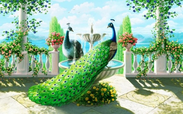 Animales Pavo real Aves Colores Columns Flor Pintura Fondo de pantalla HD | Fondo de Escritorio