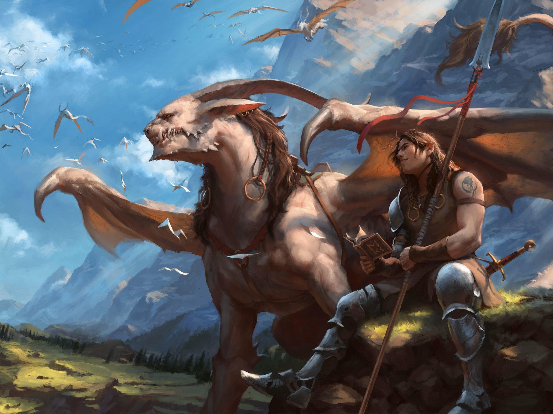 A fantasy warrior with wings and horns sits beside a large creature holding a spear, set against a mountainous landscape in this HD PC desktop wallpaper.