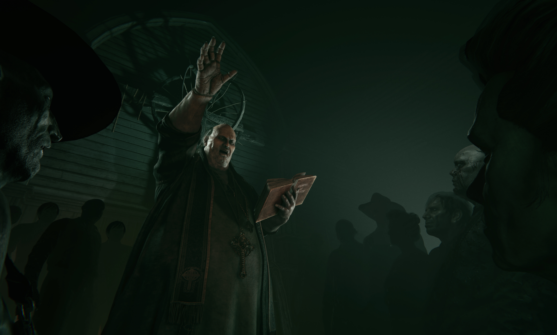 A dark and atmospheric HD wallpaper from Outlast 2, featuring a figure gesturing dramatically in a shadowy setting surrounded by eerie, watchful silhouettes.