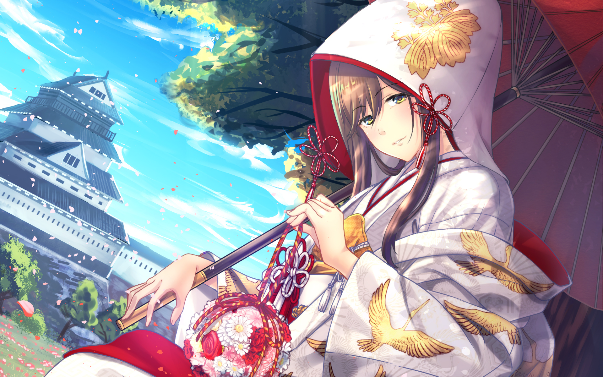 A serene anime scene featuring a character in traditional attire, holding a decorative item under a vibrant sky, with a castle in the background. A captivating HD desktop wallpaper.