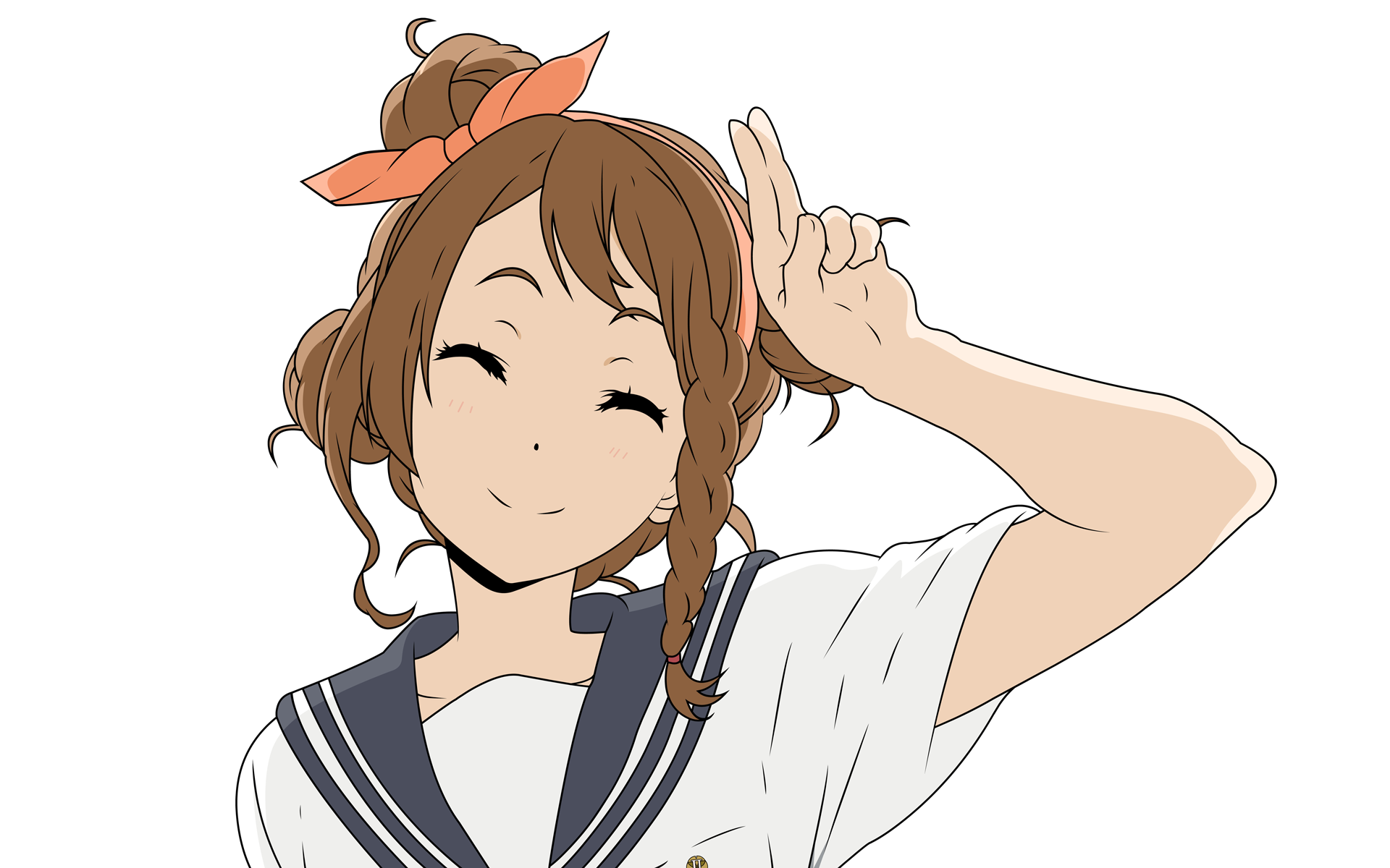 HD anime desktop wallpaper featuring Misaki Sawakiguchi from Hyouka, smiling with a cheerful expression and hand raised in a playful gesture.