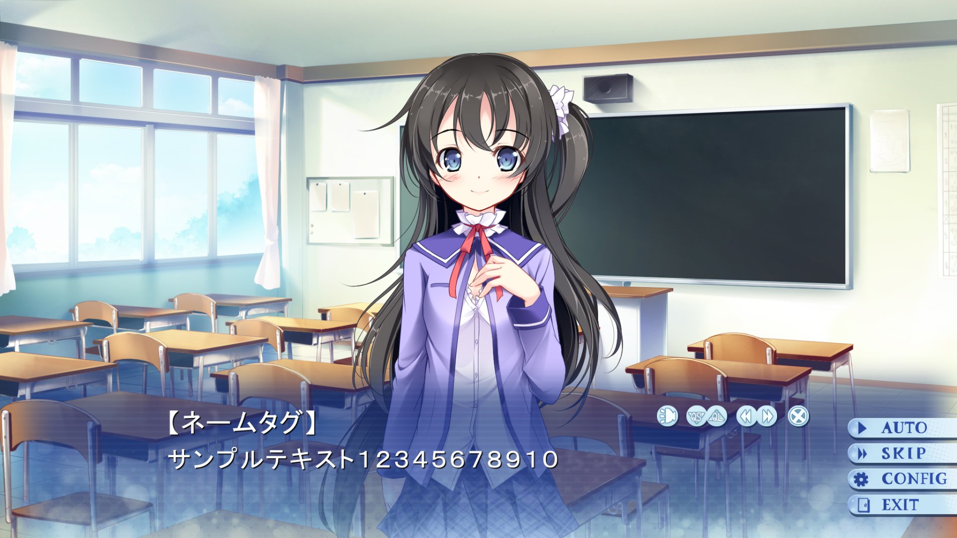 Anime-style original HD PC desktop wallpaper featuring a girl with long black hair and blue eyes standing in a sunlit classroom with desks and a chalkboard behind her.