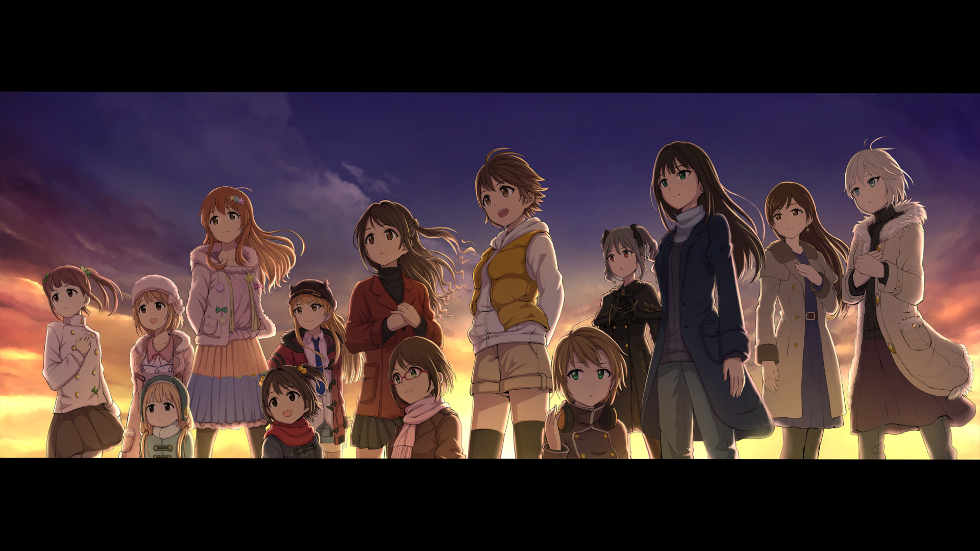 HD PC desktop wallpaper featuring anime characters from The iDOLM@STER Cinderella Girls standing together against a twilight sky.