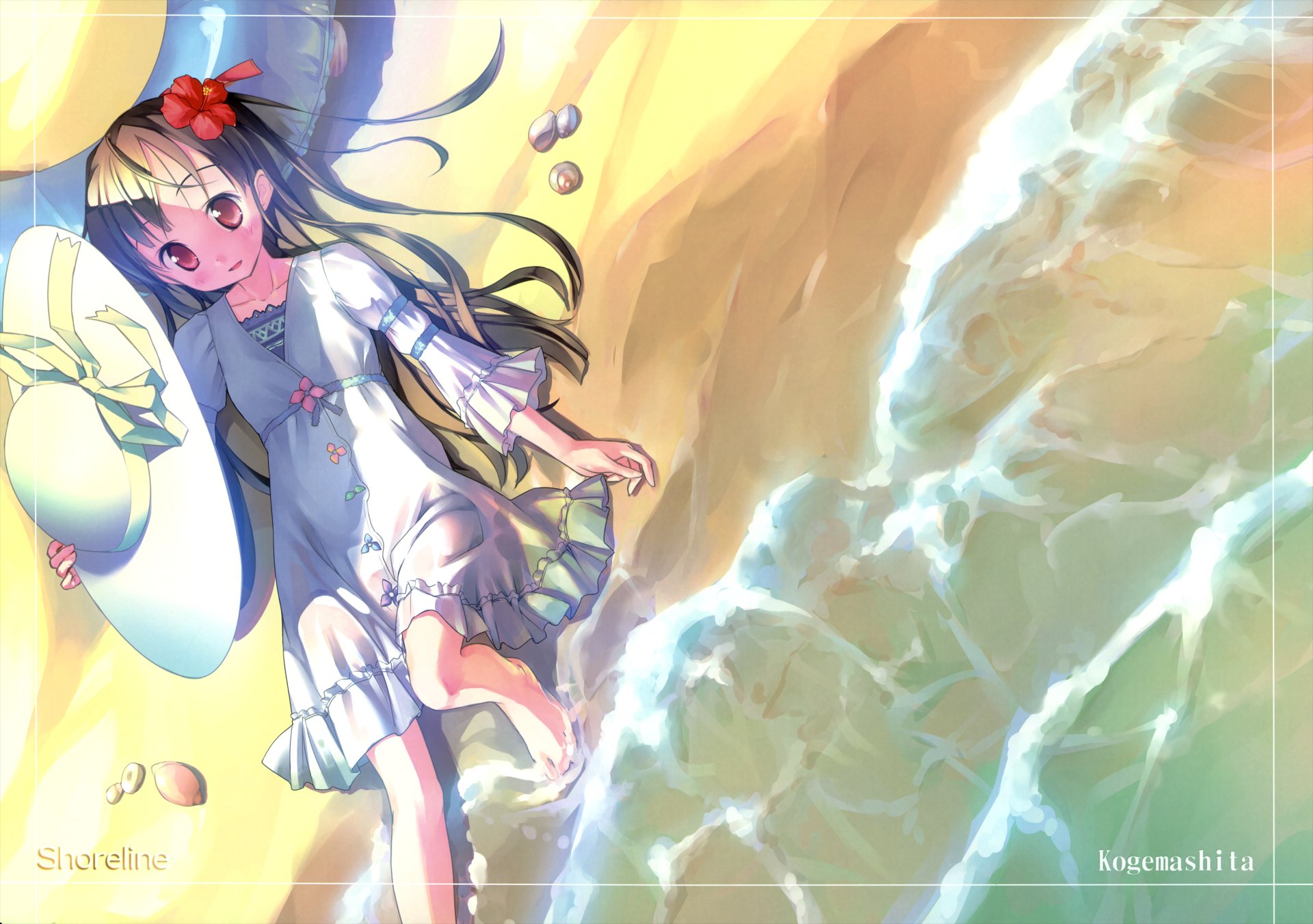 HD anime-style original desktop wallpaper featuring a cheerful girl with long dark hair, a white dress, and a red flower, lying on a sandy beach near the clear ocean water.