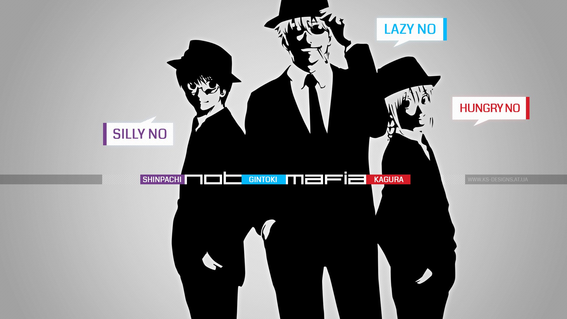 HD anime desktop wallpaper featuring three Gintama characters in black silhouettes with colored text labels highlighting traits like lazy, silly, and hungry.