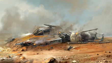 A desolate desert landscape features a crashed Y-wing spaceship, surrounded by debris and smoke, showcasing a dramatic Sci-Fi scene reminiscent of Star Wars.