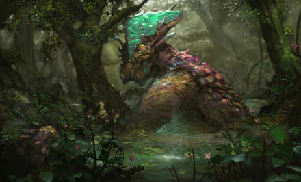 A majestic fantasy creature emerges from a mystical forest pool, surrounded by dense trees and glowing plants in this HD PC desktop wallpaper.