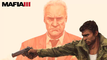 HD PC desktop wallpaper featuring intense characters from the video game Mafia III, highlighting a man aiming a gun with a stern older figure in the background.