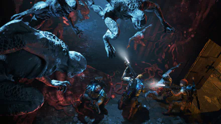 A dramatic scene from Gears of War 4, featuring intense action as armed characters confront menacing creatures in a dark, immersive environment. 4K Ultra HD PC wallpaper.