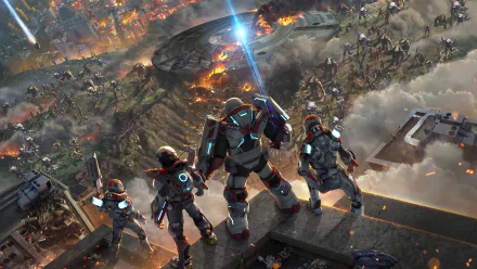 4K Ultra HD PC desktop wallpaper from video game Alienation (PS4): four armored soldiers stand on a rooftop watching a burning city overrun by alien hordes and a hovering UFO.