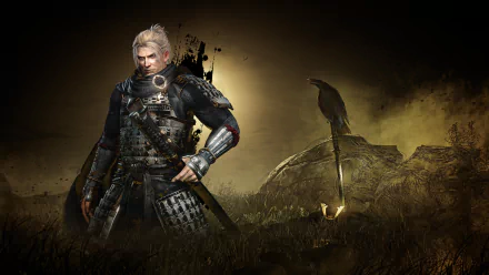 A dramatic HD wallpaper featuring a warrior from the video game Nioh, standing confidently in a shadowy landscape with a mysterious sword and a backdrop of dark, swirling energy.