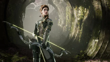 HD PC desktop wallpaper and background — Paragon video game archer in ornate green armor, glowing bow aimed in a mossy circular forest tunnel.