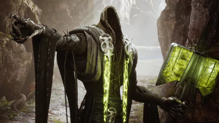 HD PC desktop wallpaper featuring a hooded, glowing figure from the video game Paragon standing in a rocky, cavernous environment.