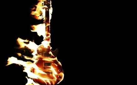 HD desktop wallpaper showing a burning electric guitar against a black background, tagged with music and guitar. The flames engulf the guitar, creating a dramatic and fiery visual.