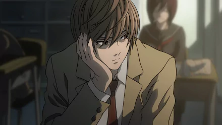 A HD desktop wallpaper featuring Light Yagami from the anime Death Note, wearing a school uniform and lost in thought, set against a classroom background.