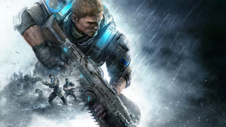 HD PC desktop wallpaper featuring James Dominic Fenix from Gears of War 4, set in a stormy battlefield, showcasing intense action from the Gears of War video game series.