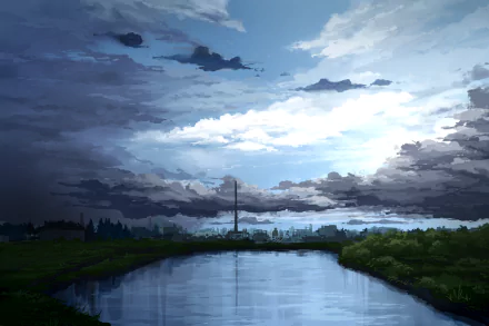 A scenic anime landscape featuring a tranquil river reflecting a dynamic sky filled with clouds, creating a captivating HD background for desktop wallpaper.