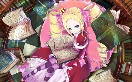 A vibrant HD wallpaper featuring Beatrice from Re:ZERO - Starting Life in Another World, surrounded by floating books in a magical library setting.