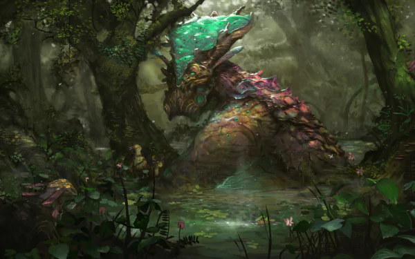 A majestic fantasy creature emerges from a mystical forest pool, surrounded by dense trees and glowing plants in this HD PC desktop wallpaper.