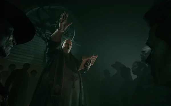 A dark and atmospheric HD wallpaper from Outlast 2, featuring a figure gesturing dramatically in a shadowy setting surrounded by eerie, watchful silhouettes.