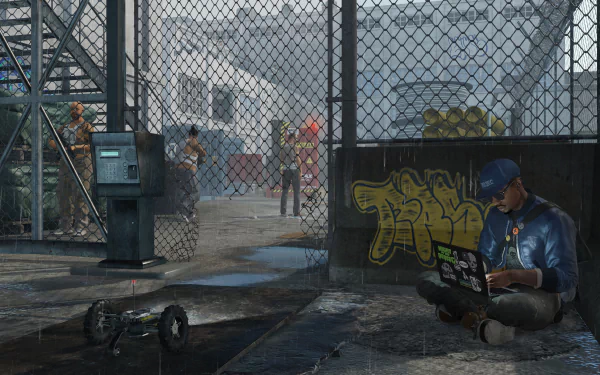 HD wallpaper featuring Marcus Holloway from the video game Watch Dogs 2, sitting with a laptop in an urban environment, surrounded by graffiti and a bustling backdrop.