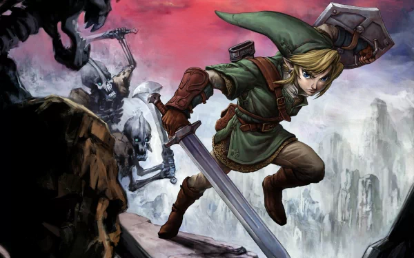 HD PC desktop wallpaper featuring Link from the video game The Legend of Zelda: Twilight Princess, poised in action against ghostly enemies in a dramatic fantasy landscape.