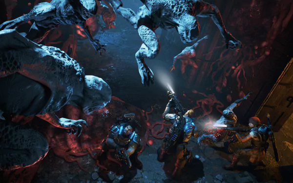 A dramatic scene from Gears of War 4, featuring intense action as armed characters confront menacing creatures in a dark, immersive environment. 4K Ultra HD PC wallpaper.