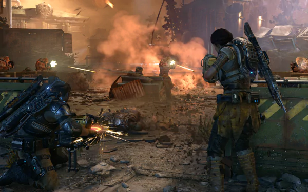 4K Ultra HD PC wallpaper featuring Kait Diaz in intense combat from the video game Gears of War 4, set in a chaotic battlefield with explosions and gunfire.