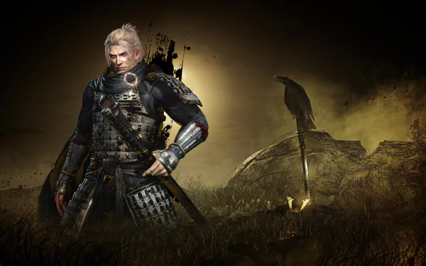 A dramatic HD wallpaper featuring a warrior from the video game Nioh, standing confidently in a shadowy landscape with a mysterious sword and a backdrop of dark, swirling energy.