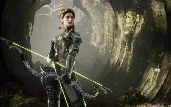HD PC desktop wallpaper and background — Paragon video game archer in ornate green armor, glowing bow aimed in a mossy circular forest tunnel.