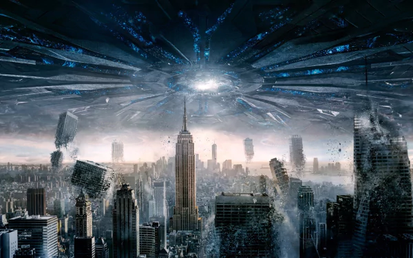HD desktop wallpaper featuring a scene from the Sci-Fi apocalypse movie Independence Day: Resurgence, showing a colossal alien spacecraft hovering over a devastated cityscape.