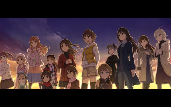 HD PC desktop wallpaper featuring anime characters from The iDOLM@STER Cinderella Girls standing together against a twilight sky.