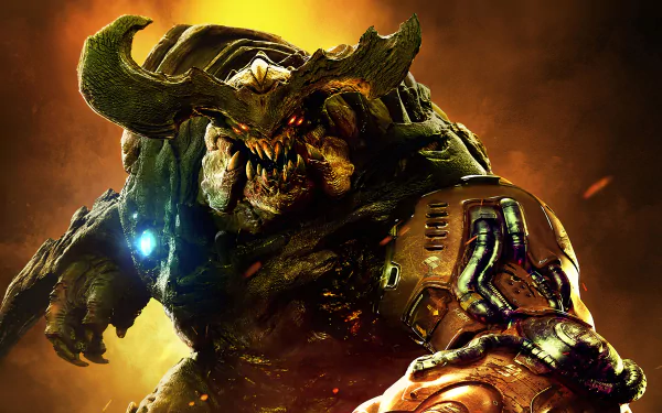 A striking HD desktop wallpaper from Doom (2016), featuring a menacing demon with twisted horns and heavy armor, set against a fiery background.