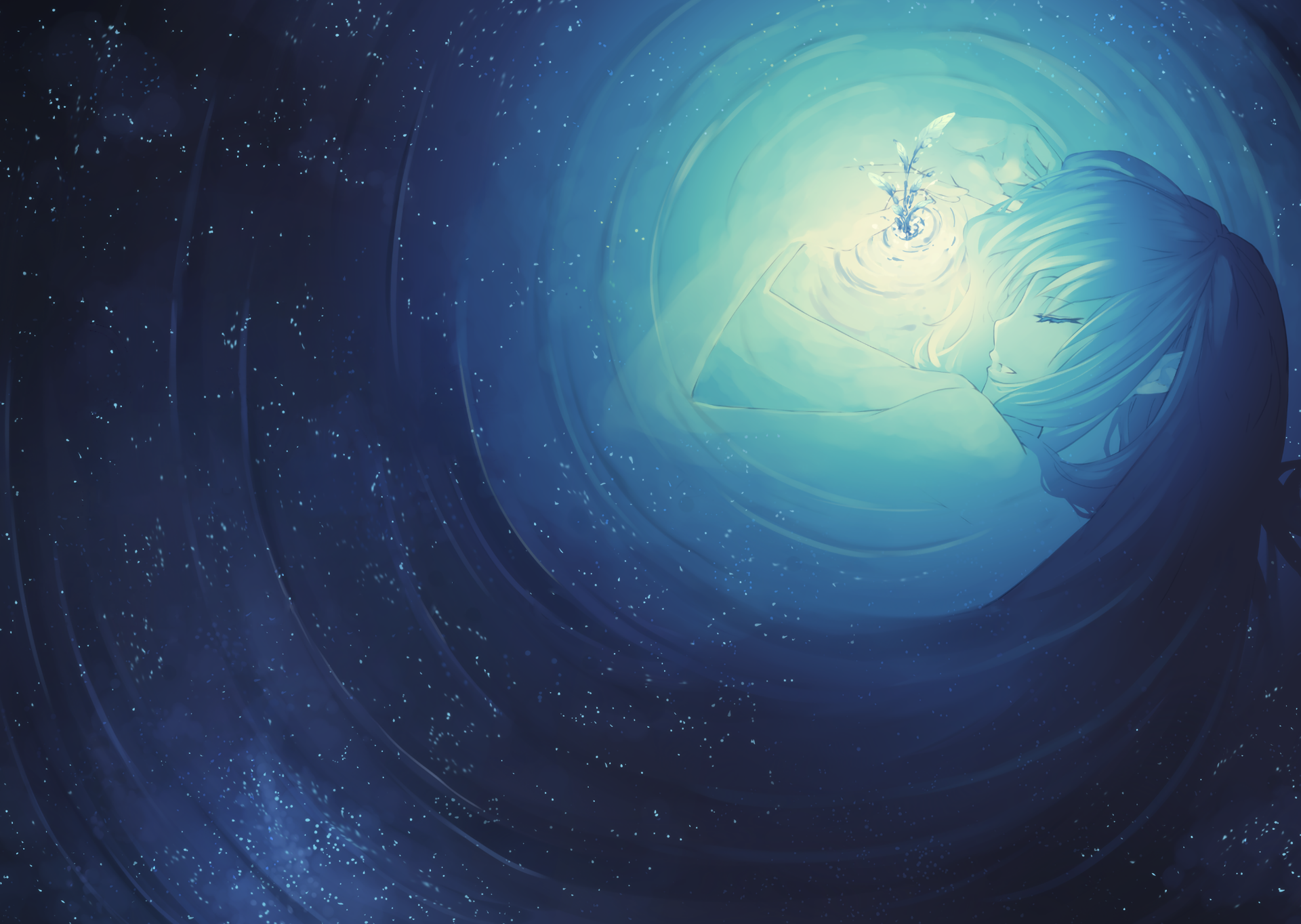 Anime-inspired HD wallpaper featuring a soft, swirling blue vortex with a figure gazing into a glowing light, creating a serene and dreamlike atmosphere.