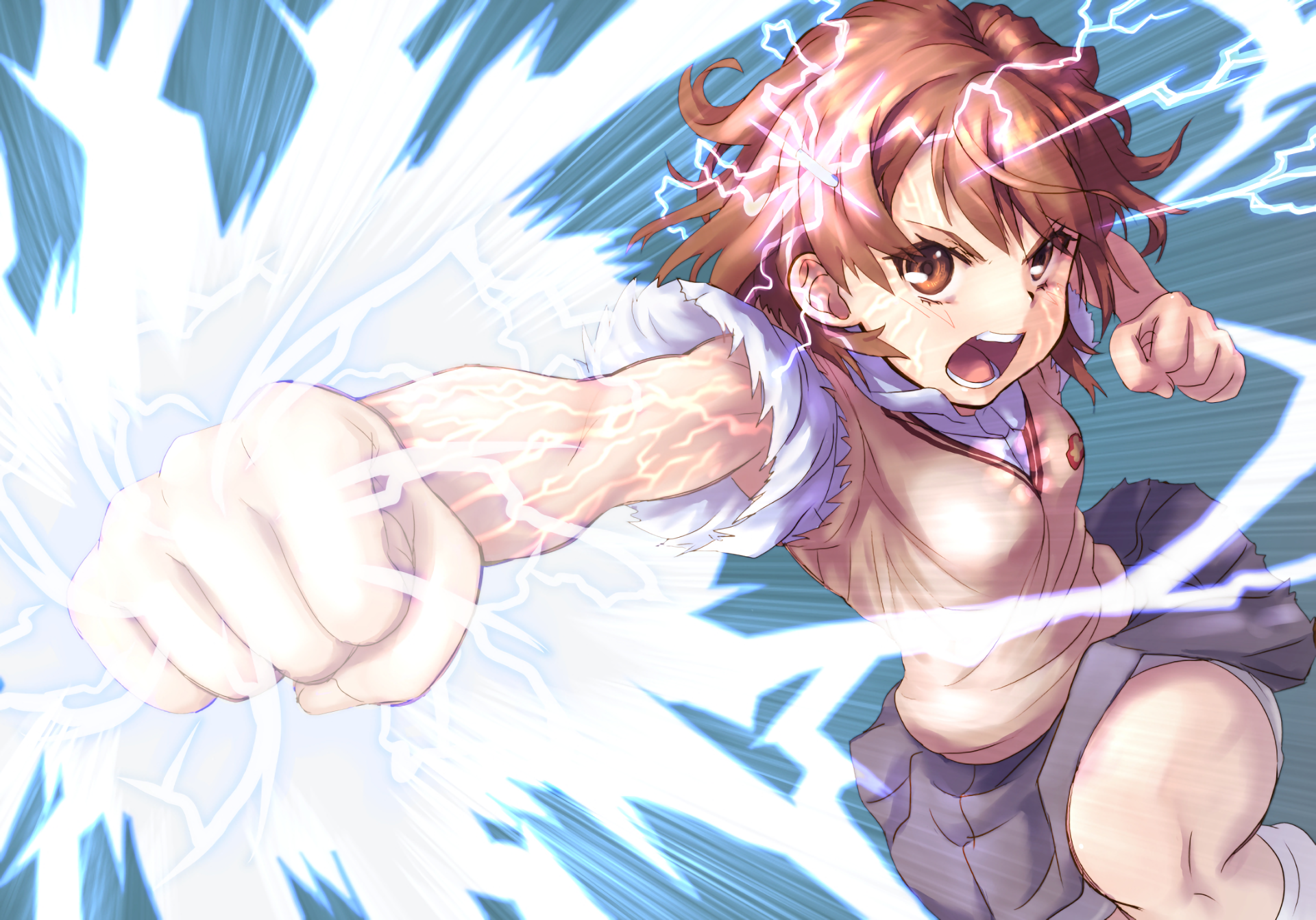 Mikoto Misaka from A Certain Scientific Railgun unleashes her powers, displaying determination in her school uniform, featuring short brown hair and striking brown eyes.