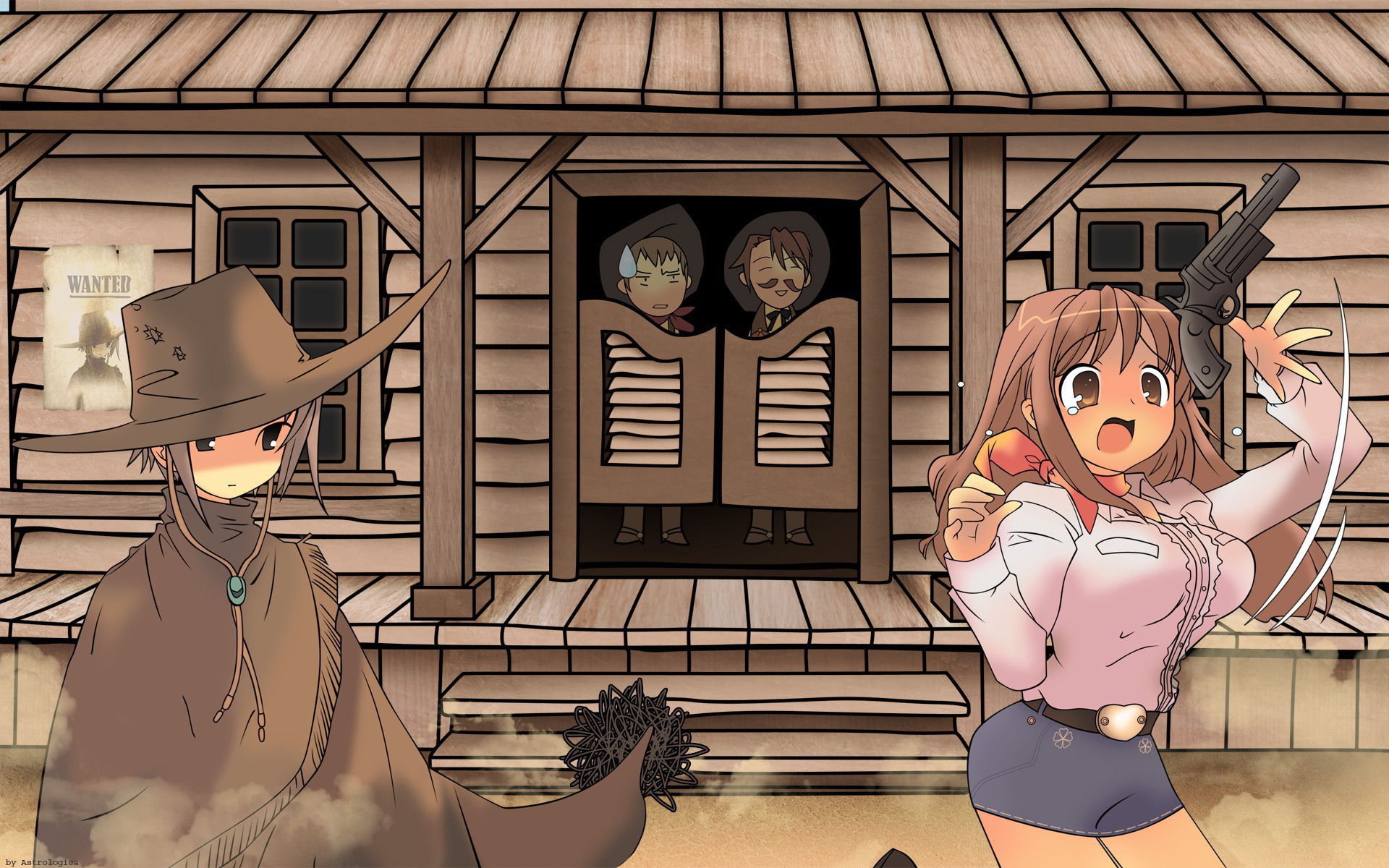 HD PC desktop wallpaper from The Melancholy of Haruhi Suzumiya: Mikuru Asahina in a cowgirl outfit brandishing a revolver, Yuki Nagato peeking through swinging saloon doors with another character.