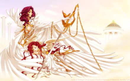 HD anime wallpaper featuring Euphemia Li Britannia and Cornelia Li Britannia from Code Geass, depicted with flowing gowns and intricate golden chains against a soft, ethereal background.