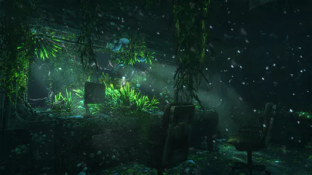 HD PC desktop wallpaper featuring a dark, overgrown underwater scene from the video game SOMA, with glowing plants and suspended light particles.
