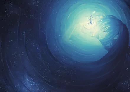 Anime-inspired HD wallpaper featuring a soft, swirling blue vortex with a figure gazing into a glowing light, creating a serene and dreamlike atmosphere.
