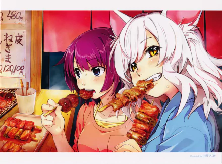 A vibrant 4K Ultra HD wallpaper featuring Black Hanekawa and Tsubasa Hanekawa enjoying skewered food, set against a lively background, encapsulating the essence of the Monogatari series.