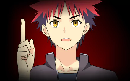 HD PC desktop wallpaper featuring Sōma Yukihira from the anime Food Wars: Shokugeki no Soma, depicted with red hair and a serious expression against a dark background.