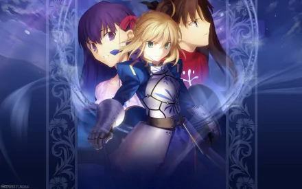 HD anime desktop wallpaper featuring key Fate/Stay Night characters in dynamic poses with a mystical blue and purple background.