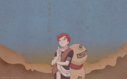 A dynamic HD wallpaper featuring Gaara from Naruto, standing confidently with his gourd in a sandy landscape, embodying the essence of this iconic anime.