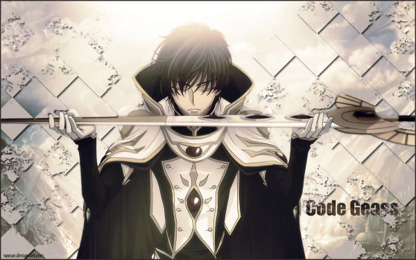 Suzaku Kururugi from Code Geass stands poised with a spear, set against a dramatic backdrop. This HD wallpaper showcases the anime's striking art and character design.