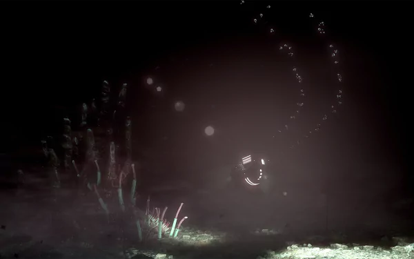 HD PC desktop wallpaper featuring a dark, eerie underwater scene from the video game SOMA, with bioluminescent plants and a mysterious glowing structure.